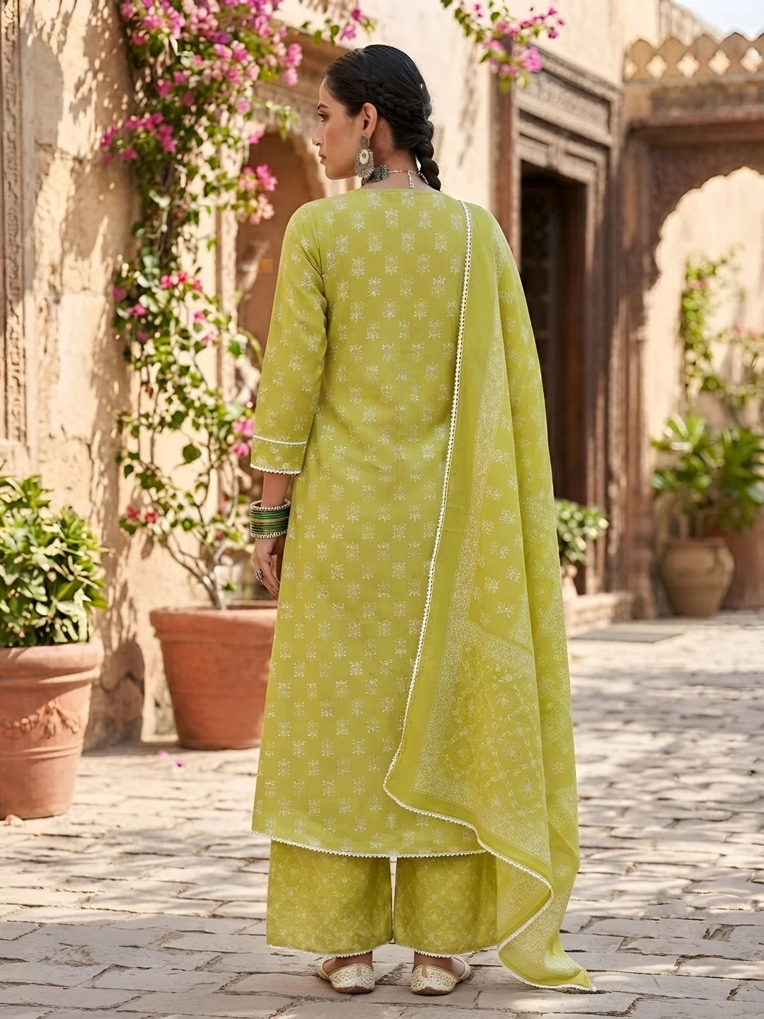 Lime Green Printed Anarkali Kurta Set With Dupatta for Women
