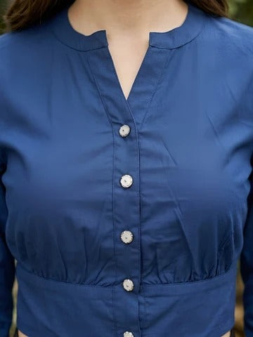 Women Solid Navy Blue Cotton Crop Top