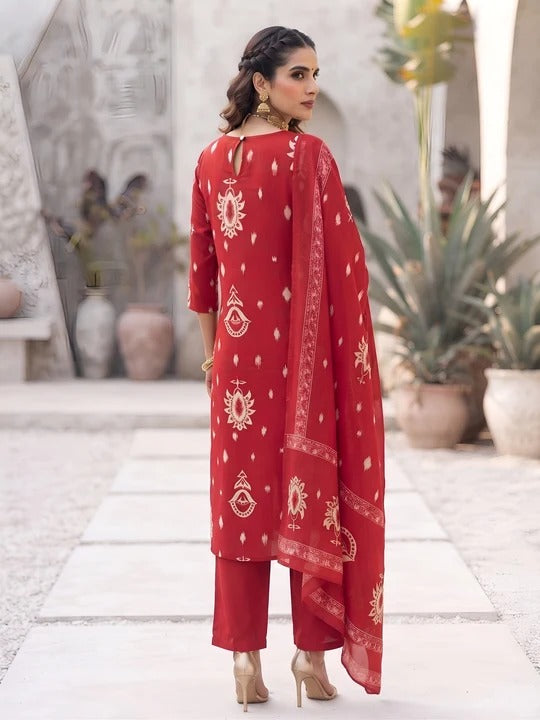 Red Printed Straight Kurta Set With Dupatta for Women