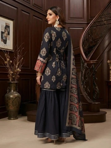 Black Printed Straight Sharara Set With Dupatta for Women
