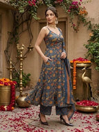 Teal Blue Printed Anarkali Kurta Set With Dupatta for Women