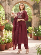 Maroon Embroidered A-Line Kurta Set With Dupatta for Women
