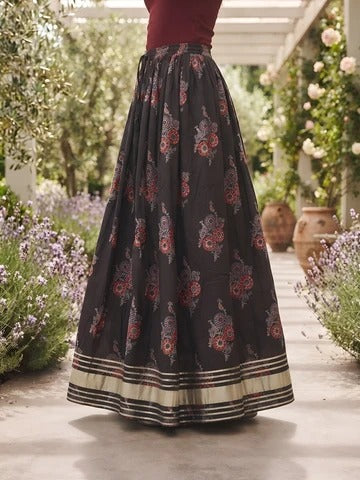 Women Black Ethnic Printed Gotta Patti Work Skrit