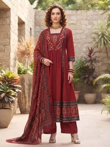 Maroon Anarkali Kurta Set With Dupatta for Women