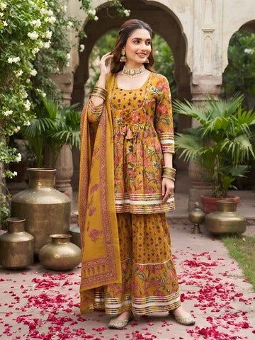 Mustard Printed Peplum Kurta Set With Dupatta for Women