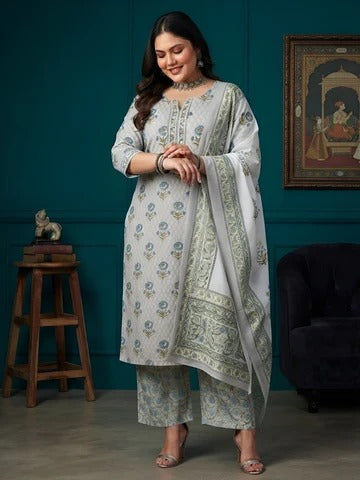 Plus Size Women Grey Printed Straight Kurta With Palazo & Dupatta