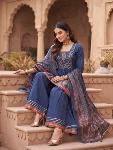 Blue Printed Peplum Kurta Set With Dupatta for Women