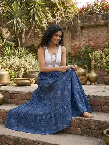 Women Blue Ethnic Printed Flared Skrit