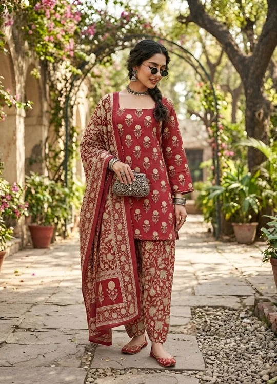 Pink Printed Straight Kurta Set With Dupatta for Women