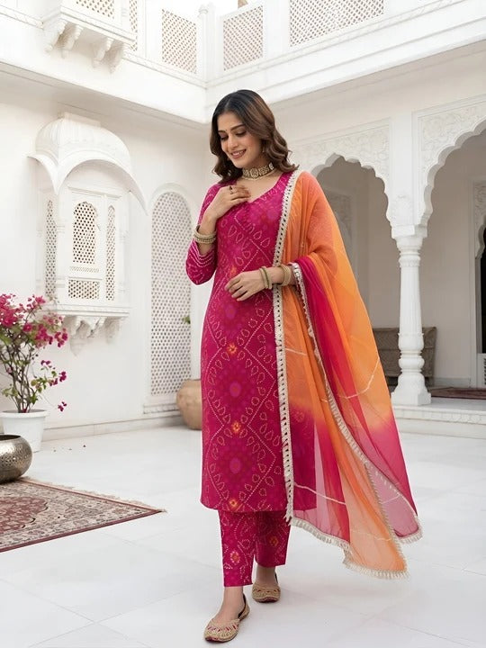Megenta Pink Bandhani Printed Straight Kurta Set With Dupatta for Women