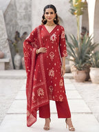 Red Printed Straight Kurta Set With Dupatta for Women