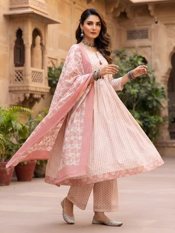 Off White Anarkali Kurta Set With Dupatta for Women