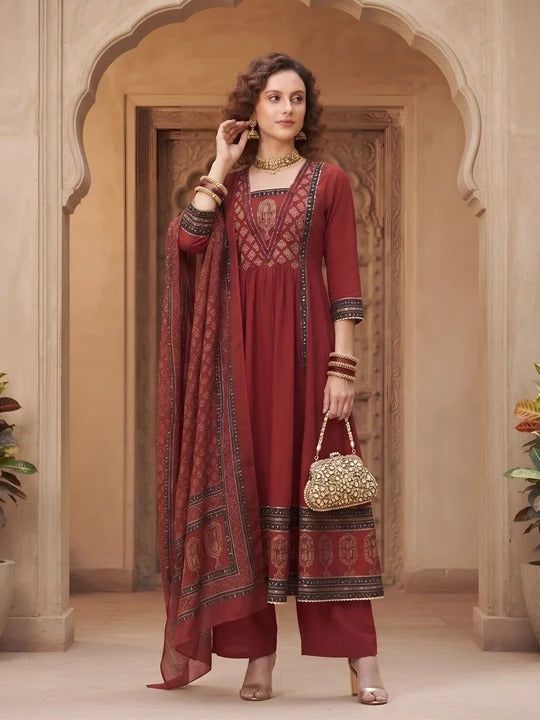 Maroon Anarkali Kurta Set With Dupatta for Women
