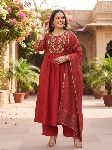 Plus Size Women Red Embroidered Kurta With Palazo & Dupatta