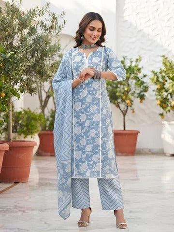 Blue Printed Straight Kurta Set With Dupatta for Women