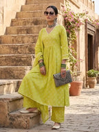 Lime Green Printed Anarkali Kurta Set With Dupatta for Women