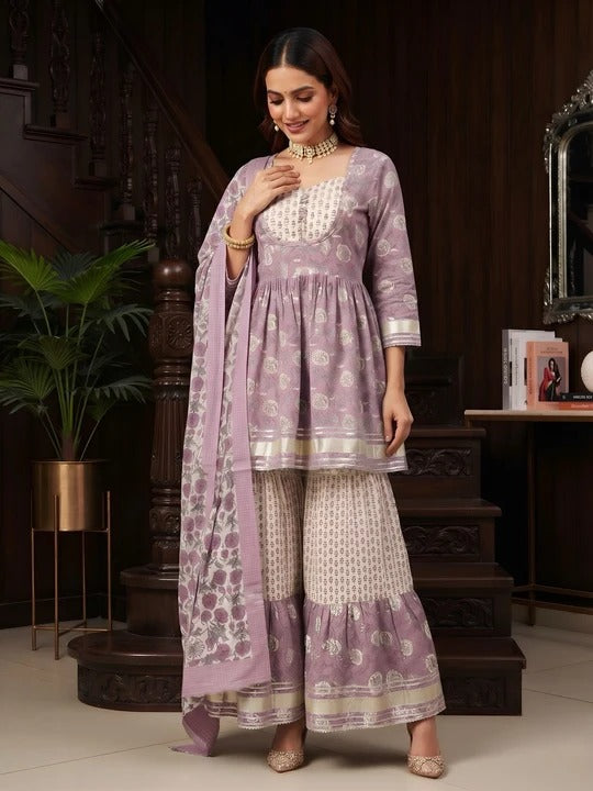 Lavender Printed Peplum Kurta Set With Dupatta for Women