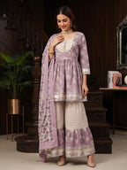 Lavender Printed Peplum Kurta Set With Dupatta for Women
