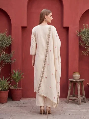 Beige Embroidered Kurta Set With Dupatta for Women