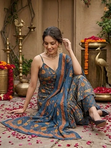Teal Blue Printed Anarkali Kurta Set With Dupatta for Women