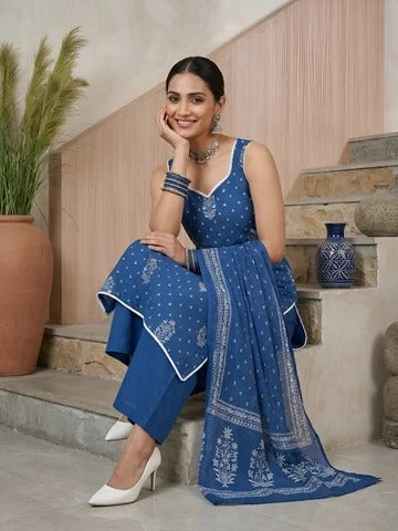 Blue Printed Straight Kurta Set With Dupatta for Women