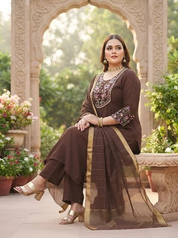 Plus Size Women Brown Embroidered Kurta With Palazo & Dupatta