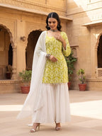 Lime Green & White Sharara Set With Dupatta for Women