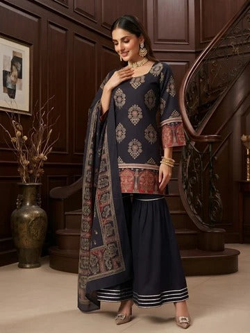 Black Printed Straight Sharara Set With Dupatta for Women