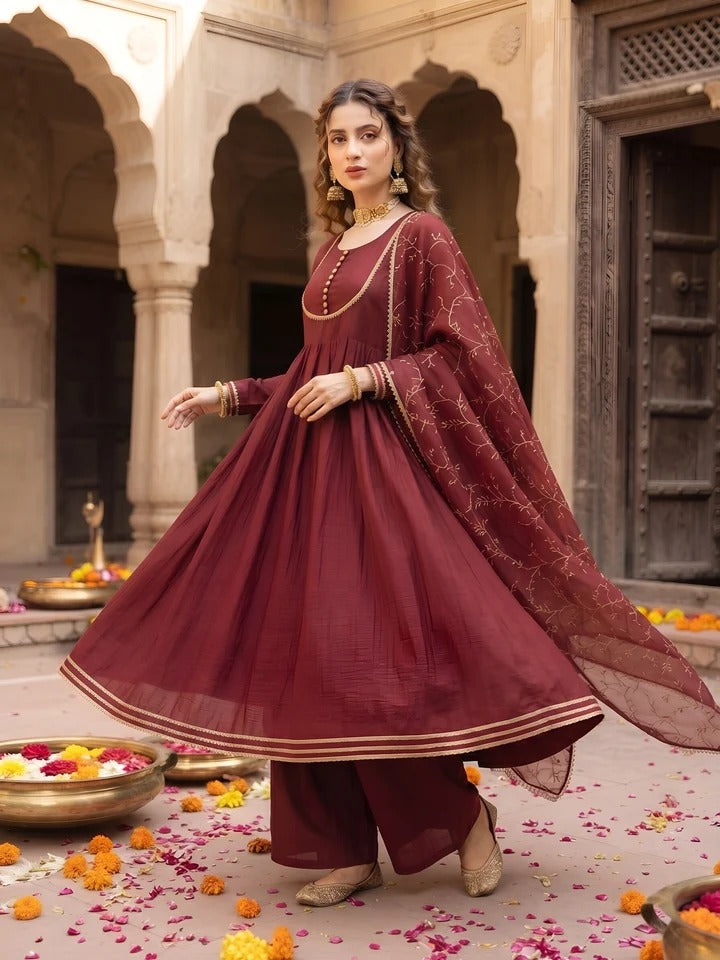 Maroon Anarkali Kurta Set With Dupatta for Women