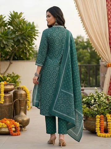 Teal Green Printed Straight Kurta Set With Dupatta for Women
