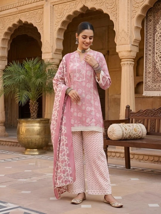 Mauve Printed Straight Kurta Set With Dupatta for Women