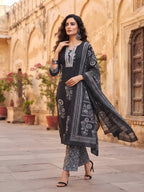 Black Printed Straight Kurta Set With Dupatta for Women