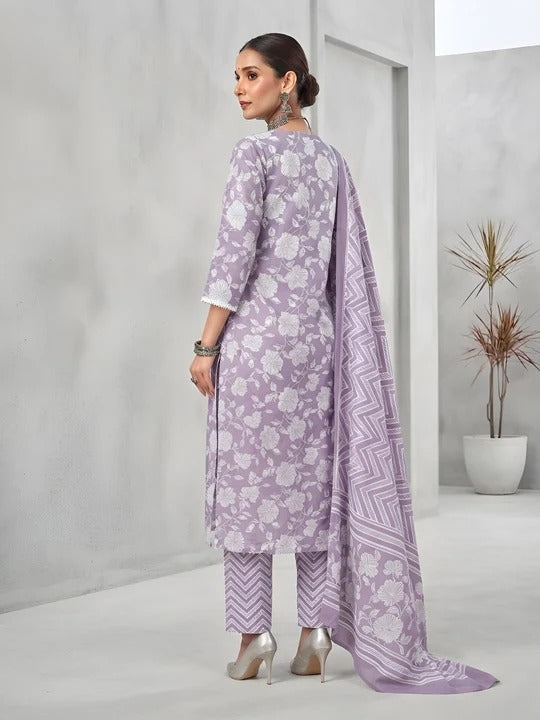 Lavender Printed Straight Kurta Set With Dupatta for Women