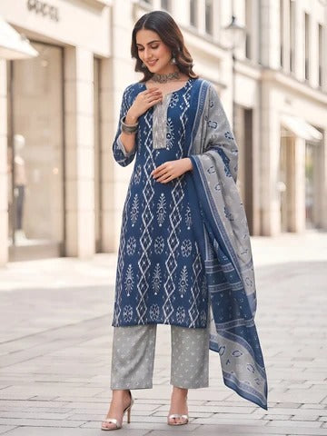 Blue Printed Straight Kurta Set With Dupatta for Women