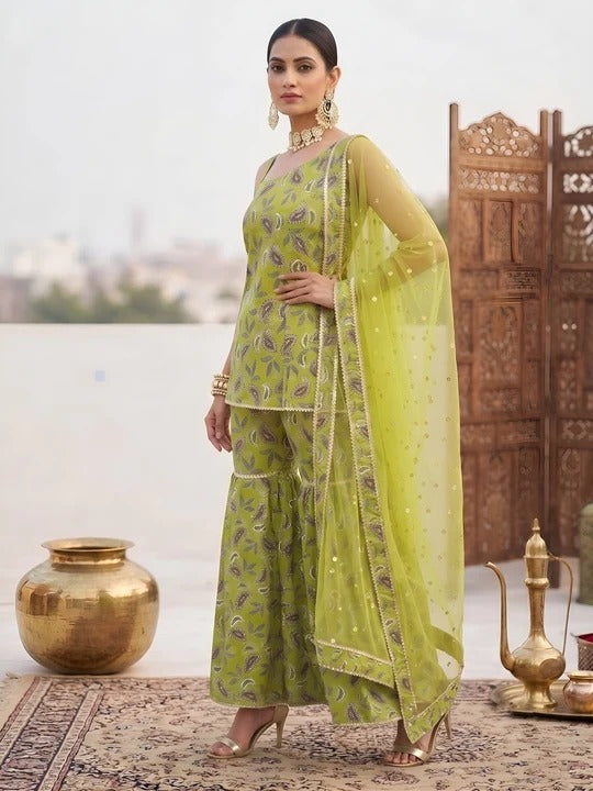 Green Printed Straight Kurta Set With Dupatta for Women