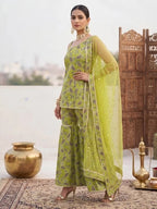 Green Printed Straight Kurta Set With Dupatta for Women