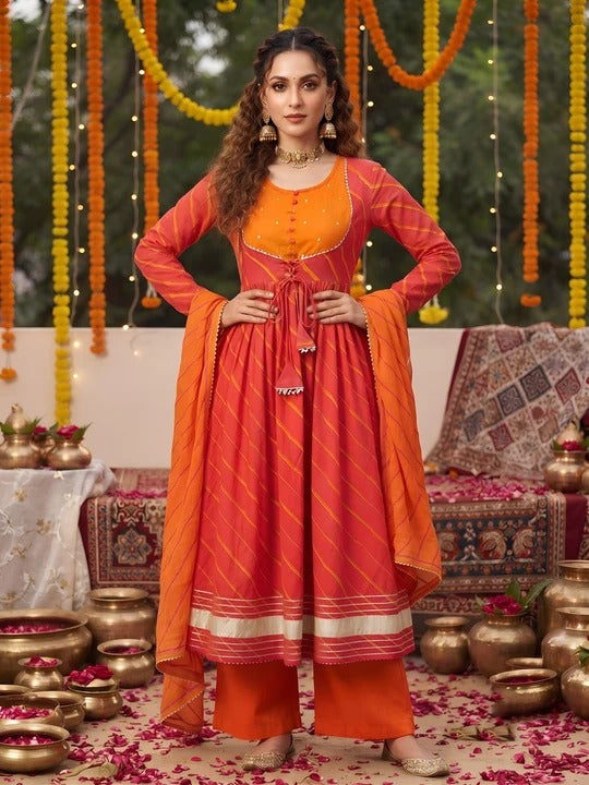 Pink Leheriya Printed Anarkali Kurta Set With Dupatta for Women