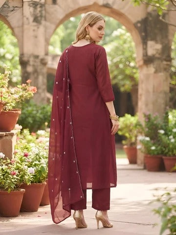 Maroon Embroidered A-Line Kurta Set With Dupatta for Women