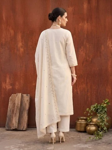 Beige Embroidered Kurta Set With Dupatta for Women