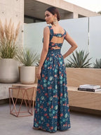 Teal Blue Floral Printed With Stylish Front Design Dress for Women