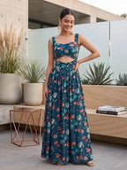Teal Blue Floral Printed With Stylish Front Design Dress for Women