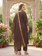 Plus Size Women Brown Embroidered Kurta With Palazo & Dupatta