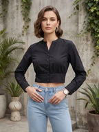 Women Solid Black Cotton Crop Top