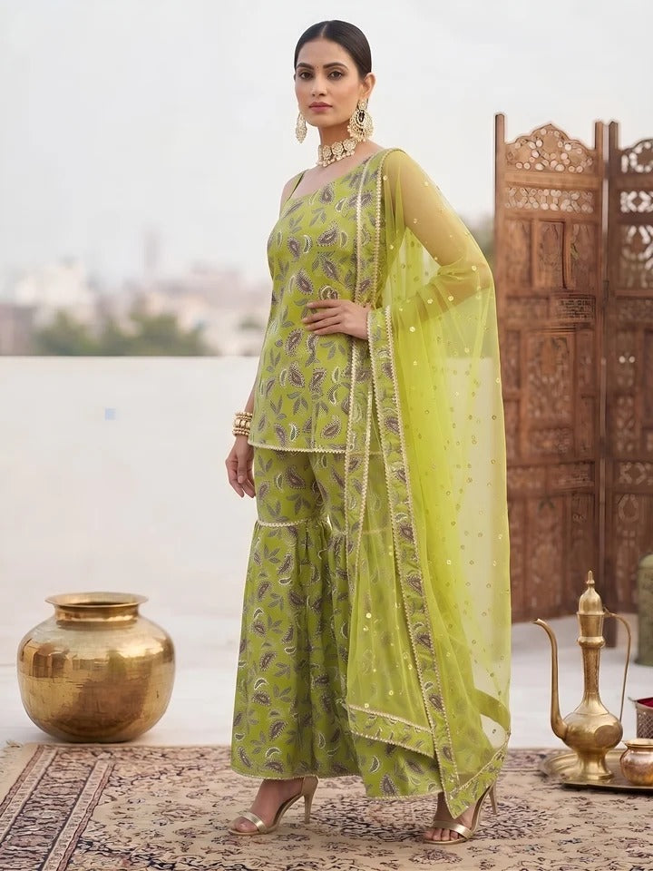 Green Printed Straight Kurta Set With Dupatta for Women