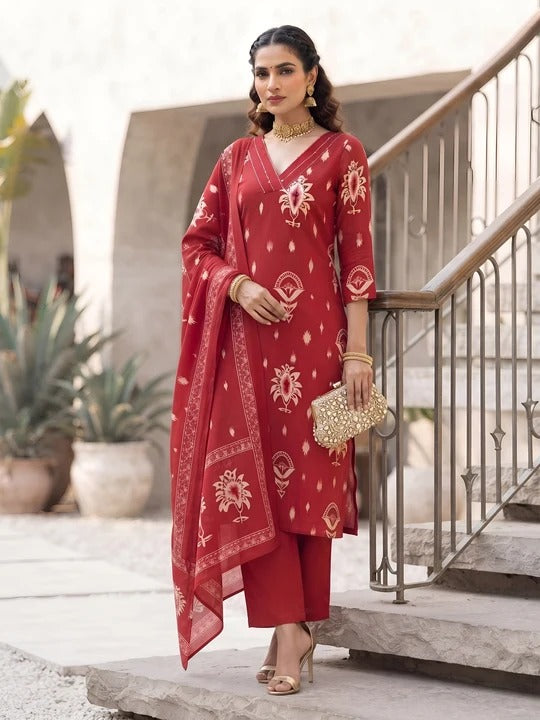 Red Printed Straight Kurta Set With Dupatta for Women