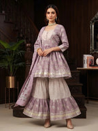 Lavender Printed Peplum Kurta Set With Dupatta for Women