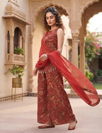 Red Printed Straight Trendy Kurta Set With Dupatta for Women