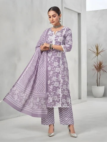 Lavender Printed Straight Kurta Set With Dupatta for Women