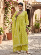 Lime Green Printed Anarkali Kurta Set With Dupatta for Women