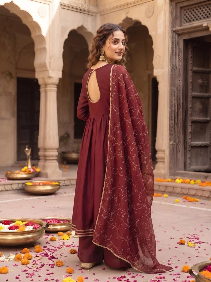 Maroon Anarkali Kurta Set With Dupatta for Women